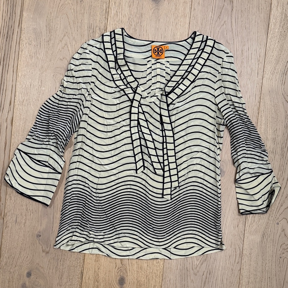 Tory Burch Black and Cream Striped Silk Blouse